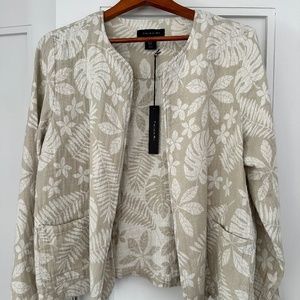 NWT TAHARI Cream Linen-Cotton Floral Open Front Jacket - XL  🆕